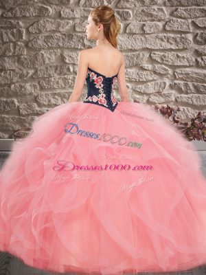 On Sale Tulle Sweetheart Sleeveless Lace Up Beading and Embroidery Quince Ball Gowns in Blue