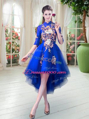 Royal Blue Half Sleeves Appliques High Low Prom Party Dress