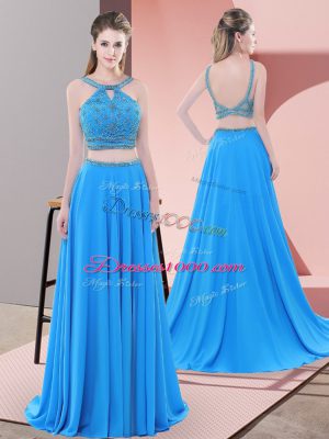 Charming Blue Sleeveless Chiffon Sweep Train Backless Evening Dresses for Prom and Party