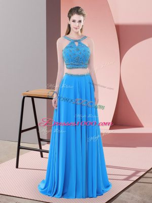 Charming Blue Sleeveless Chiffon Sweep Train Backless Evening Dresses for Prom and Party