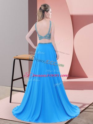 Charming Blue Sleeveless Chiffon Sweep Train Backless Evening Dresses for Prom and Party