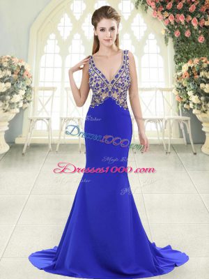 Blue Sleeveless Sweep Train Beading