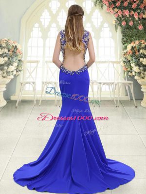 Blue Sleeveless Sweep Train Beading