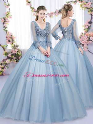 Floor Length Blue 15th Birthday Dress V-neck Long Sleeves Lace Up