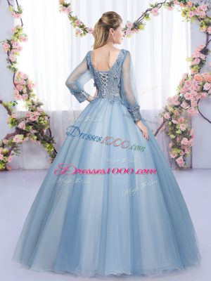 Floor Length Blue 15th Birthday Dress V-neck Long Sleeves Lace Up