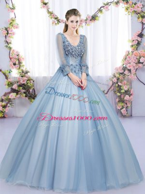 Floor Length Blue 15th Birthday Dress V-neck Long Sleeves Lace Up