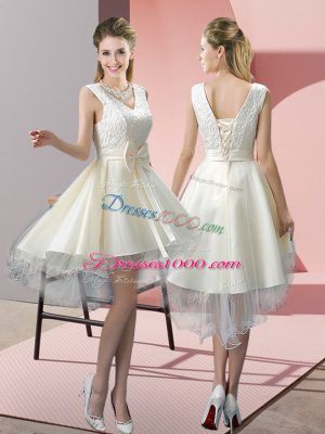 Great High Low White Evening Dress Tulle Sleeveless Lace and Bowknot