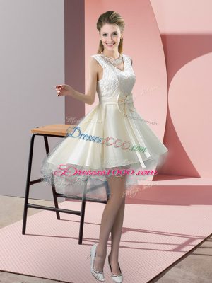 Great High Low White Evening Dress Tulle Sleeveless Lace and Bowknot