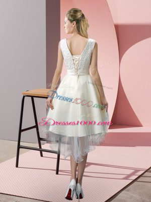 Great High Low White Evening Dress Tulle Sleeveless Lace and Bowknot