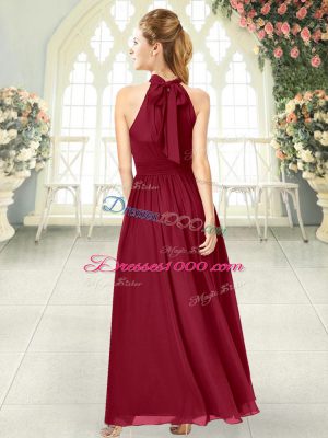 Custom Designed Wine Red Chiffon Zipper Evening Wear Sleeveless Ankle Length Ruching