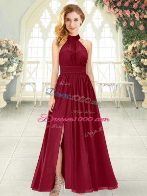 Custom Designed Wine Red Chiffon Zipper Evening Wear Sleeveless Ankle Length Ruching