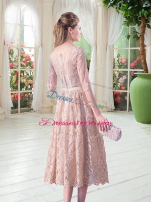 Champagne Half Sleeves Lace Zipper Prom Dress for Prom and Party