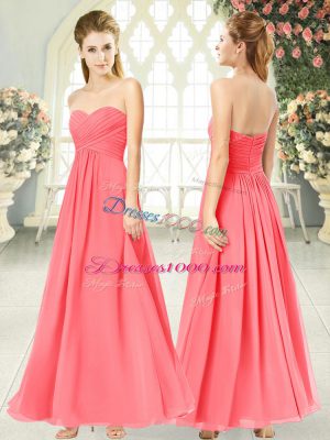 Watermelon Red Empire Ruching Dress for Prom Zipper Chiffon Sleeveless Ankle Length