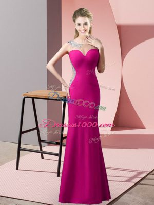 Low Price Floor Length Zipper Fuchsia for Prom and Party and Military Ball with Beading