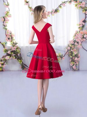 Enchanting Red A-line Satin Straps Cap Sleeves Ruching Knee Length Zipper Quinceanera Court of Honor Dress