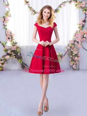 Enchanting Red A-line Satin Straps Cap Sleeves Ruching Knee Length Zipper Quinceanera Court of Honor Dress