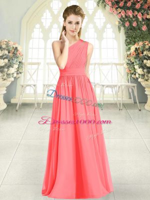 Suitable Watermelon Red Prom Gown Prom and Party with Ruching One Shoulder Sleeveless Zipper