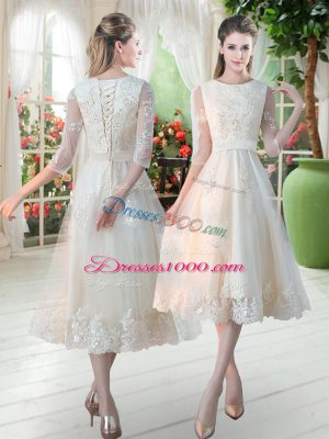 Fashionable Champagne Tulle Lace Up Scoop 3 4 Length Sleeve Tea Length Party Dress Wholesale Lace
