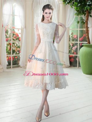 Fashionable Champagne Tulle Lace Up Scoop 3 4 Length Sleeve Tea Length Party Dress Wholesale Lace