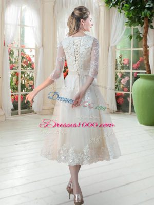 Fashionable Champagne Tulle Lace Up Scoop 3 4 Length Sleeve Tea Length Party Dress Wholesale Lace