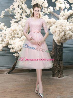 Pink A-line Lace Evening Dress Zipper Tulle Half Sleeves Tea Length