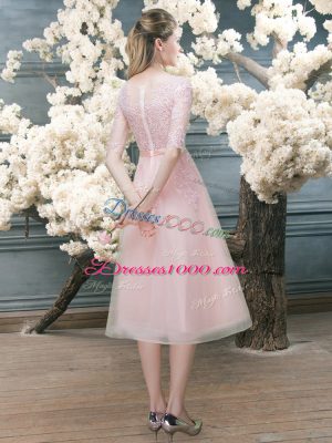 Pink A-line Lace Evening Dress Zipper Tulle Half Sleeves Tea Length