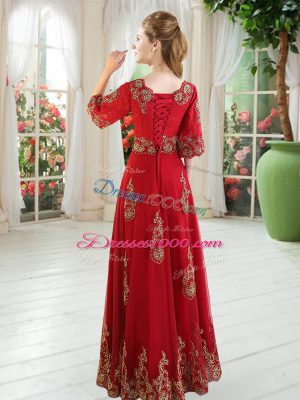 Floor Length Fuchsia Tulle Half Sleeves Lace