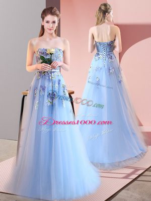 Pretty Floor Length Lace Up Dress for Prom Blue for Prom and Party with Appliques