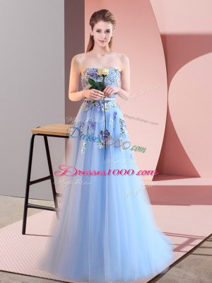 Pretty Floor Length Lace Up Dress for Prom Blue for Prom and Party with Appliques