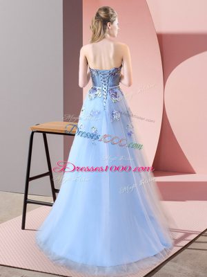 Pretty Floor Length Lace Up Dress for Prom Blue for Prom and Party with Appliques