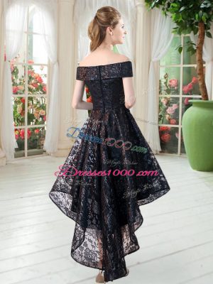 High Low Black Prom Dress Sleeveless Lace