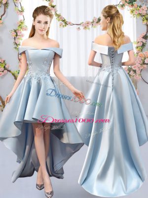 Charming Sleeveless Satin High Low Lace Up Damas Dress in Light Blue with Appliques