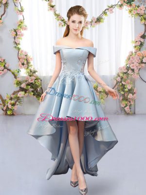 Charming Sleeveless Satin High Low Lace Up Damas Dress in Light Blue with Appliques