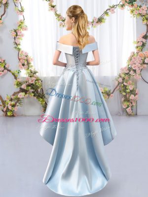 Nice Off The Shoulder Sleeveless Satin Court Dresses for Sweet 16 Appliques Lace Up