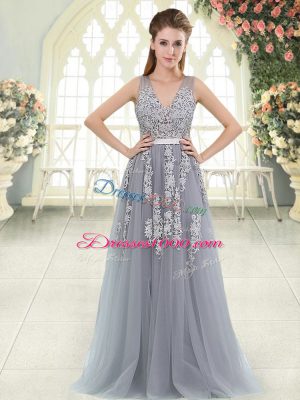 Excellent Grey V-neck Neckline Appliques Prom Gown Sleeveless Zipper