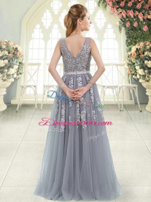 Excellent Grey V-neck Neckline Appliques Prom Gown Sleeveless Zipper