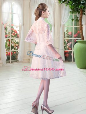 Flare High-neck Half Sleeves Party Dress Knee Length Appliques White Lace