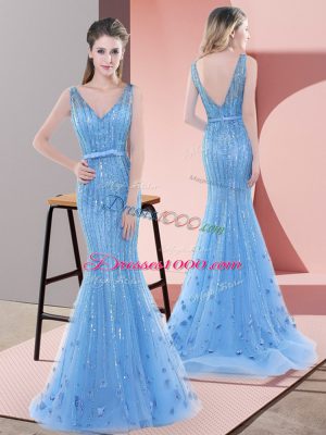 Custom Design Baby Blue Prom Party Dress Prom and Party and Military Ball with Beading and Sequins V-neck Sleeveless Sweep Train Backless