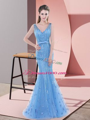 Custom Design Baby Blue Prom Party Dress Prom and Party and Military Ball with Beading and Sequins V-neck Sleeveless Sweep Train Backless