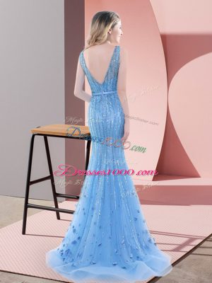 Custom Design Baby Blue Prom Party Dress Prom and Party and Military Ball with Beading and Sequins V-neck Sleeveless Sweep Train Backless