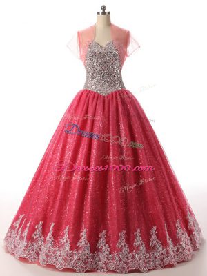 Free and Easy Floor Length Lace Up Sweet 16 Dress Coral Red for Military Ball and Sweet 16 and Quinceanera with Beading and Appliques