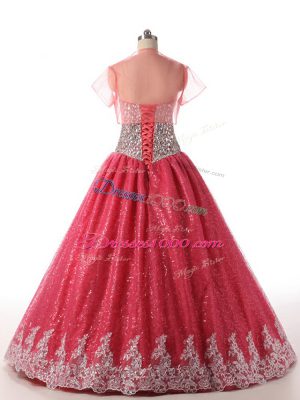 Free and Easy Floor Length Lace Up Sweet 16 Dress Coral Red for Military Ball and Sweet 16 and Quinceanera with Beading and Appliques