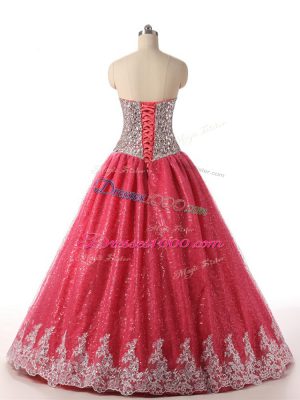 Free and Easy Floor Length Lace Up Sweet 16 Dress Coral Red for Military Ball and Sweet 16 and Quinceanera with Beading and Appliques