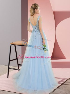 Stunning Blue V-neck Neckline Beading Evening Wear Sleeveless Lace Up