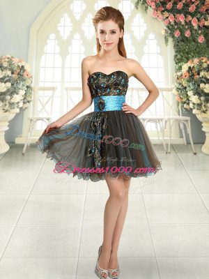 Brown A-line Tulle Sweetheart Sleeveless Beading and Appliques Mini Length Lace Up