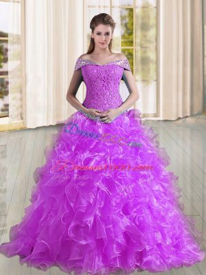 Super Purple Sleeveless Organza Sweep Train Lace Up Sweet 16 Dresses for Military Ball and Sweet 16 and Quinceanera