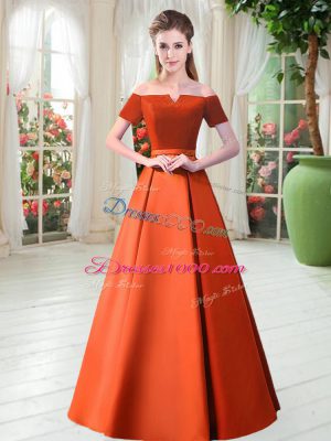 Nice Short Sleeves Floor Length Belt Lace Up Prom Gown with Orange Red