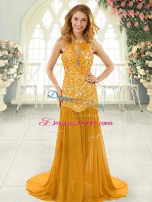 High End Mermaid Sleeveless Gold Prom Gown Brush Train Backless