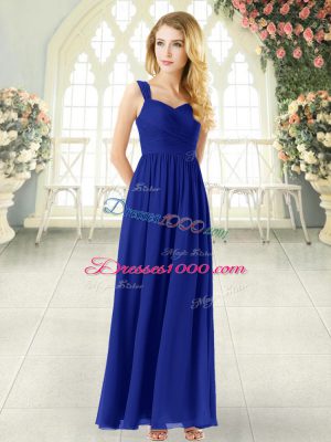 Ankle Length Royal Blue Prom Dress Chiffon Sleeveless Ruching