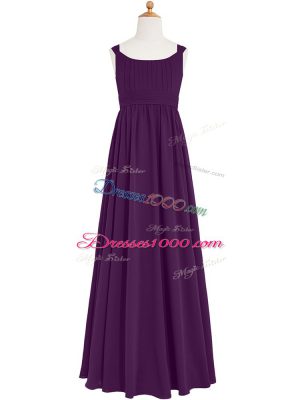 Fantastic Eggplant Purple Empire Straps Sleeveless Chiffon Floor Length Zipper Ruching Dress for Prom